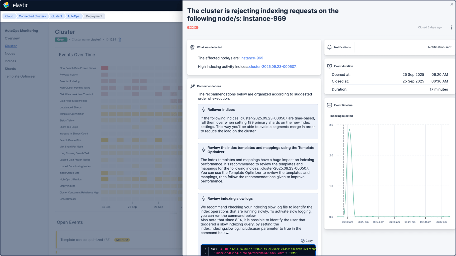 The image displays an Elastic Cloud interface showing an alert for a cluster rejecting indexing requests on a node, specifically instance-969. It provides a timeline of events, indicating the issue was open for 17 minutes on September 25, 2025, and lists recommendations to resolve the problem. These recommendations include rolling over time-based indices, reviewing index templates and mappings using the Template Optimizer, and reviewing indexing slow logs.