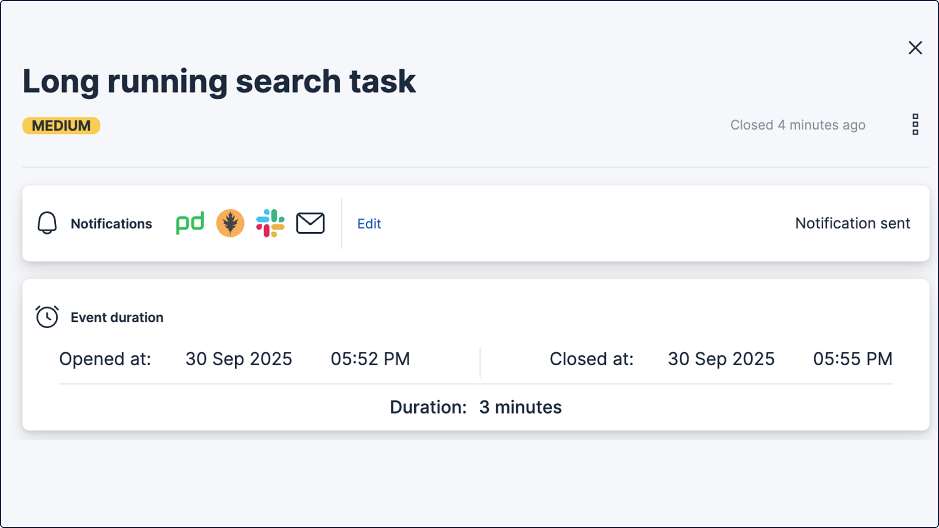 The image displays a "Long running search task" with a "MEDIUM" priority, which was closed 4 minutes ago. It indicates that a notification was sent and the event duration was 3 minutes, having opened on September 30, 2025, at 05:52 PM and closed at 05:55 PM. The notification system appears to integrate with various platforms, including PagerDuty and Slack.